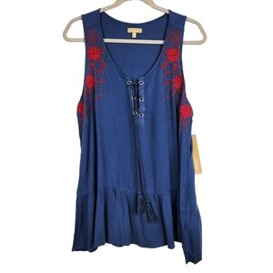 Takata NWT Shoreline Blue Red Floral Embroidered Flowy Tank Top Blouse Size XL